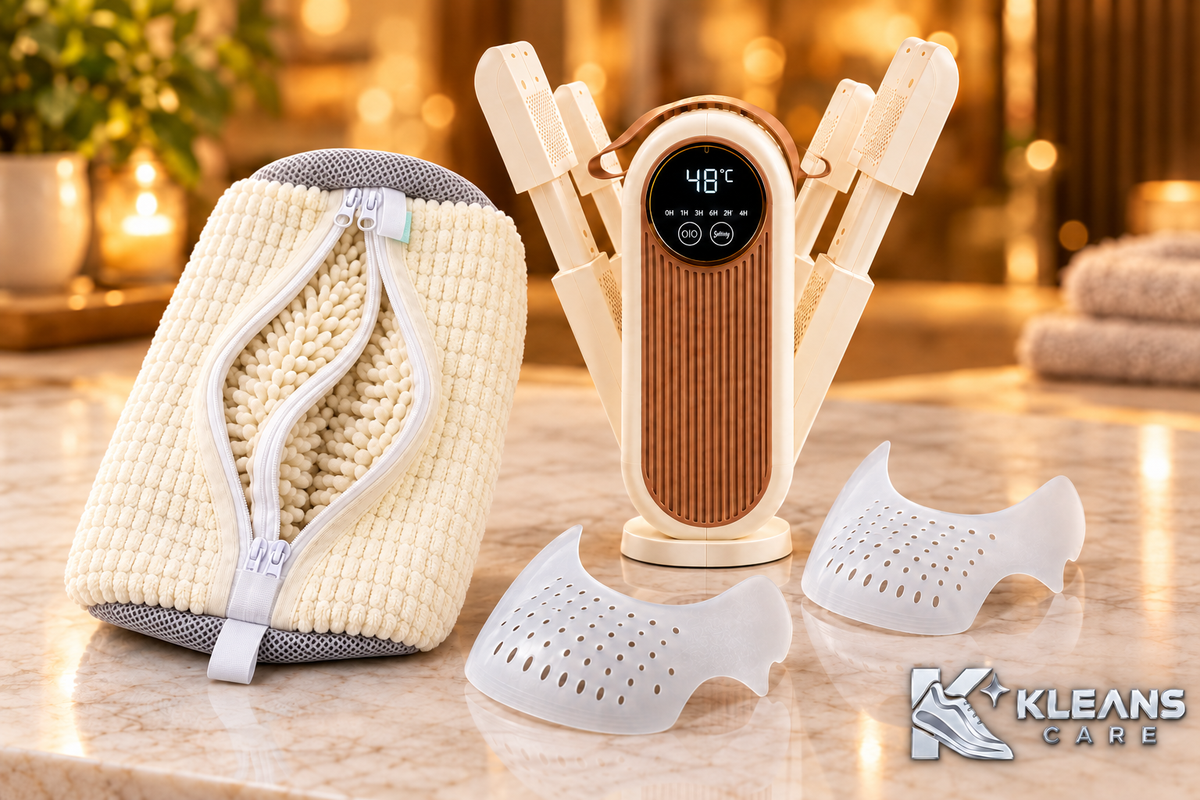 Kit nettoyage et entretien baskets KLEANS CARE avec sac de lavage beige et gris, sèche-chaussures et anti-plis