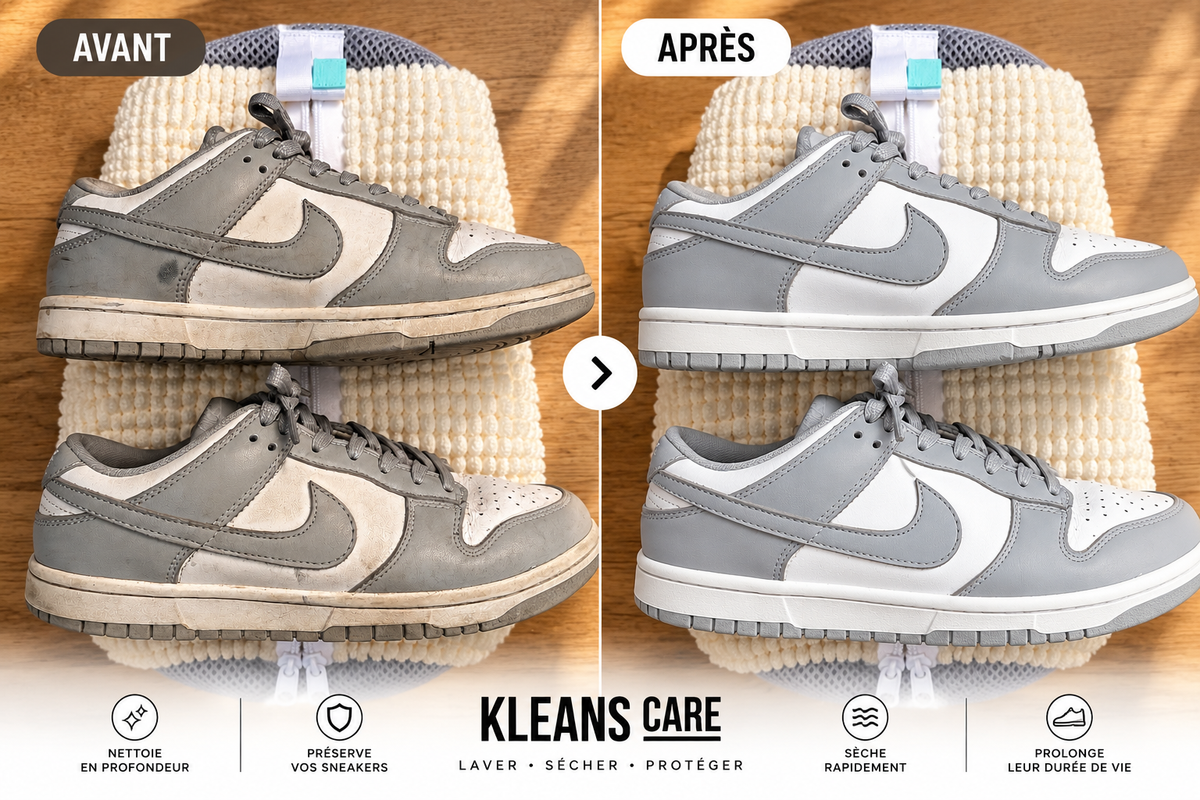Avant après d'une paire de sneakers entretenue avec la routine KLEANS CARE