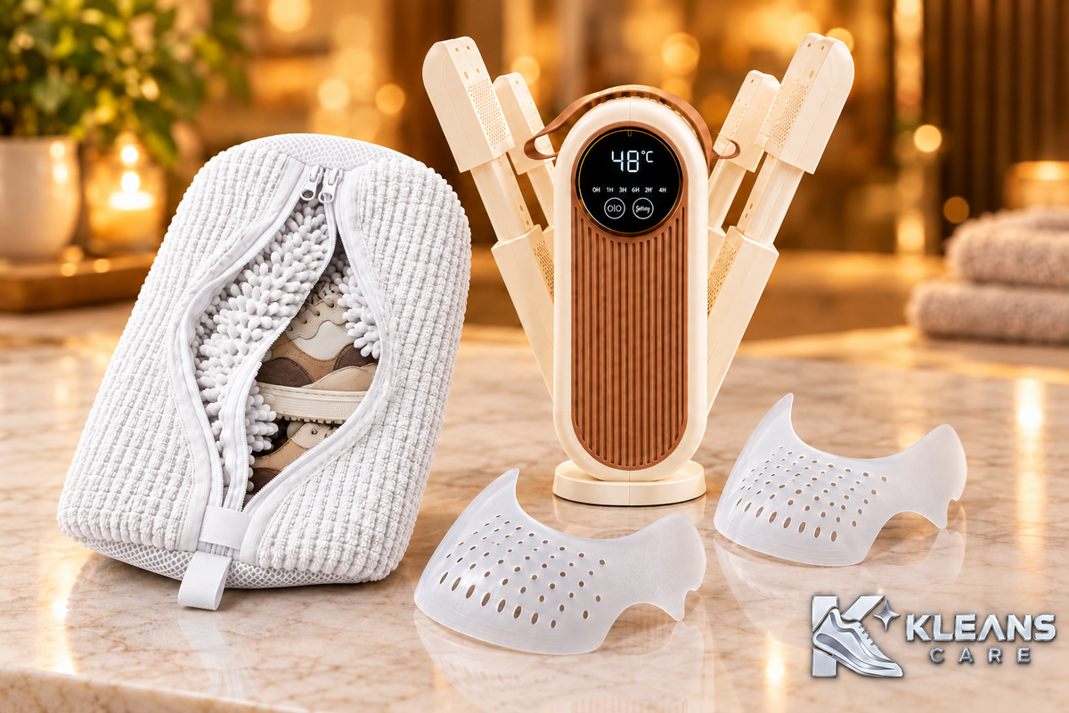 Routine entretien sneakers KLEANS CARE avec sac de lavage blanc, sèche-chaussures électrique et protections anti-plis