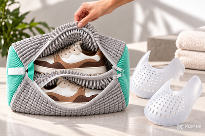 Sac de lavage baskets gris et vert KLEANS CARE avec deux fermetures éclair, chaussures séparées et anti-plis
