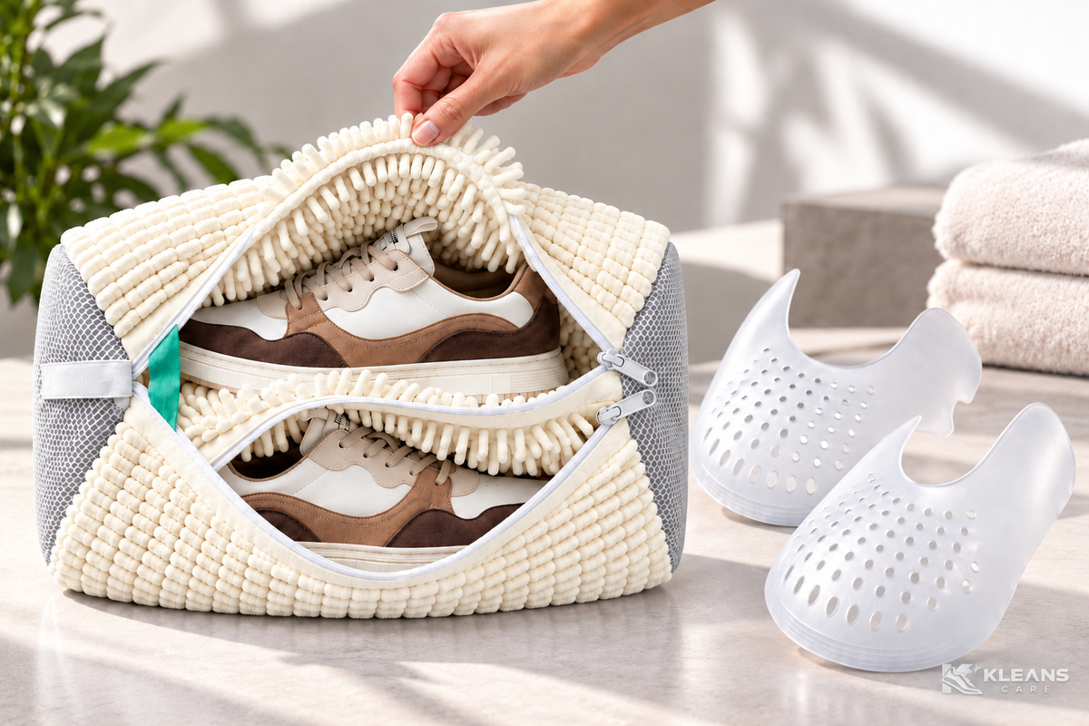 Sac de lavage beige et gris KLEANS CARE ouvert avec une basket par compartiment et accessoires anti-plis