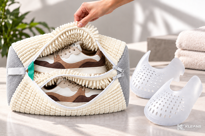 Sac de lavage beige et gris KLEANS CARE ouvert avec une basket par compartiment et accessoires anti-plis