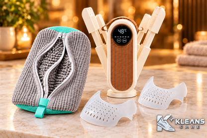 Routine complète pour sneakers KLEANS CARE avec sac de lavage gris et vert, sèche-chaussures électrique et anti-plis