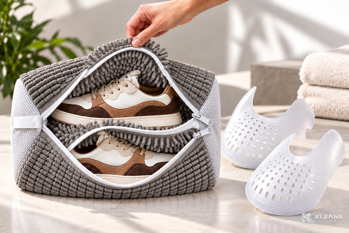 Sac de lavage chaussures gris et blanc KLEANS CARE avec deux compartiments séparés et protections anti-plis