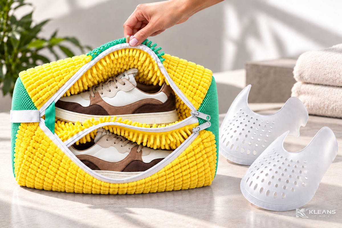 Sac de lavage sneakers jaune et vert KLEANS CARE avec deux compartiments individuels et protections anti-plis