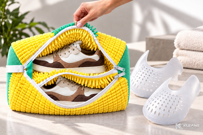 Sac de lavage sneakers jaune et vert KLEANS CARE avec deux compartiments individuels et protections anti-plis