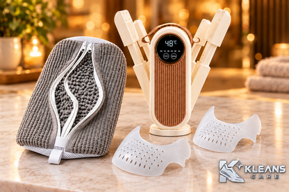 Routine complète KLEANS CARE avec sac de lavage chaussures gris et blanc, sèche-chaussures 48 °C et anti-plis