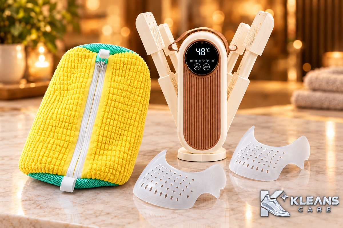Kit entretien chaussures KLEANS CARE avec sac de lavage jaune et vert, sèche-chaussures et protections anti-plis