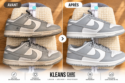 Avant après d'une paire de sneakers entretenue avec la routine KLEANS CARE